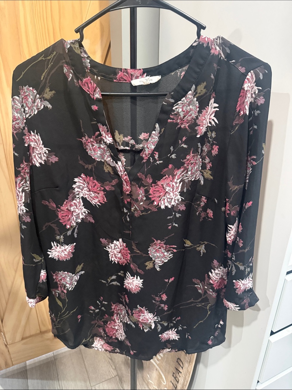 Maurices Black Floral V-Neck Blouse with Pink Accents